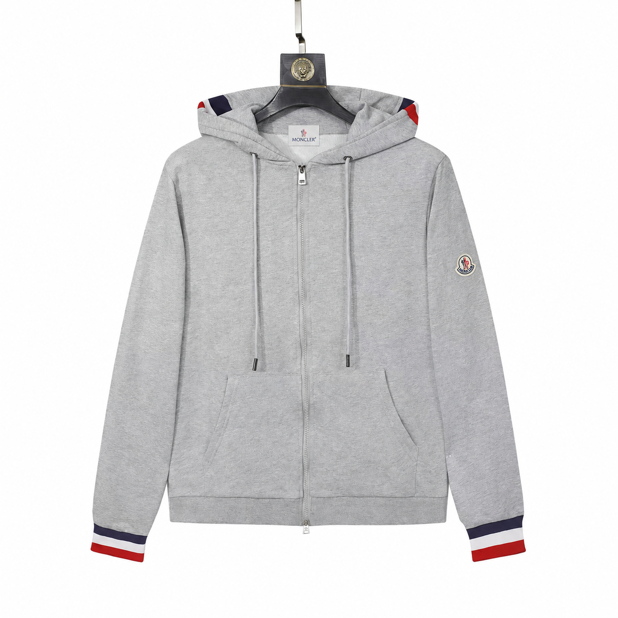 Monclr Tricolour Trim Full Zip Hoodie in Grey